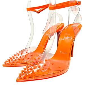 🔥 NWT Christian Louboutin Spikoo 100 Neon Fluo Orange PVC Spiked Heels 38.5